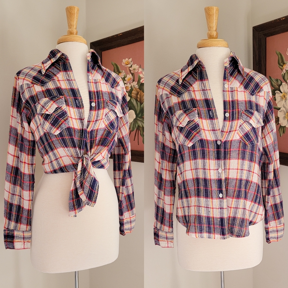 70s Plaid Cotton Gauze Long Sleeve 1970s Vintage Button Down India Cotton Blouse - Picture 1 of 15